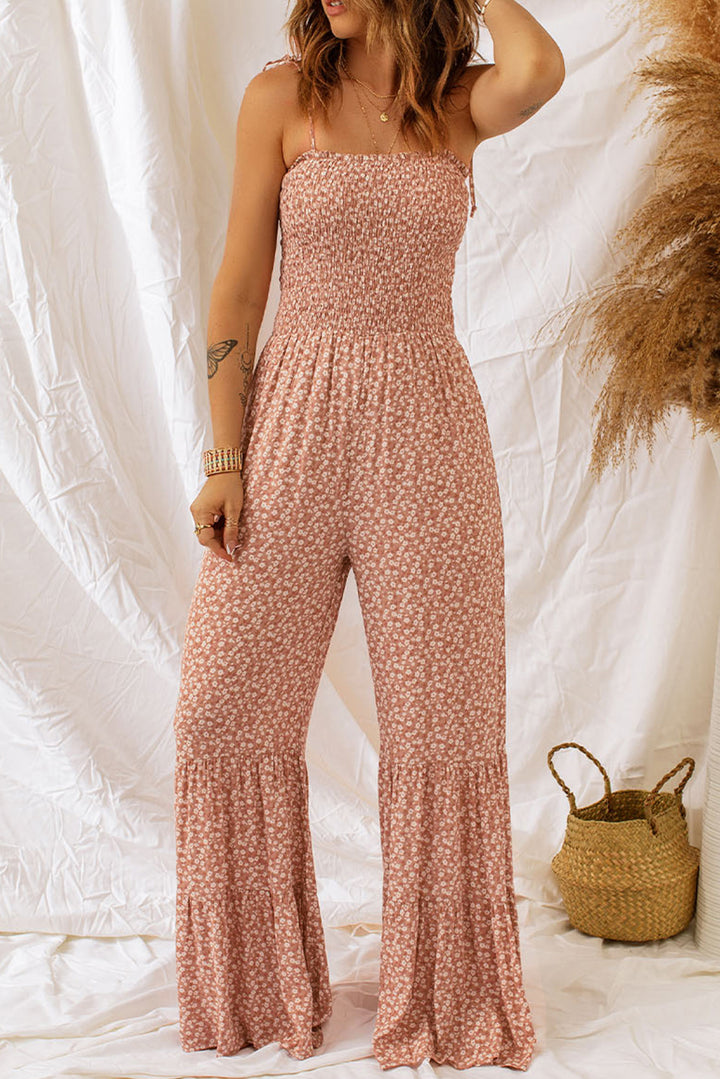 Phalaenopsis Thin Straps Smocked Bodice Wide Leg Floral Jumpsuit