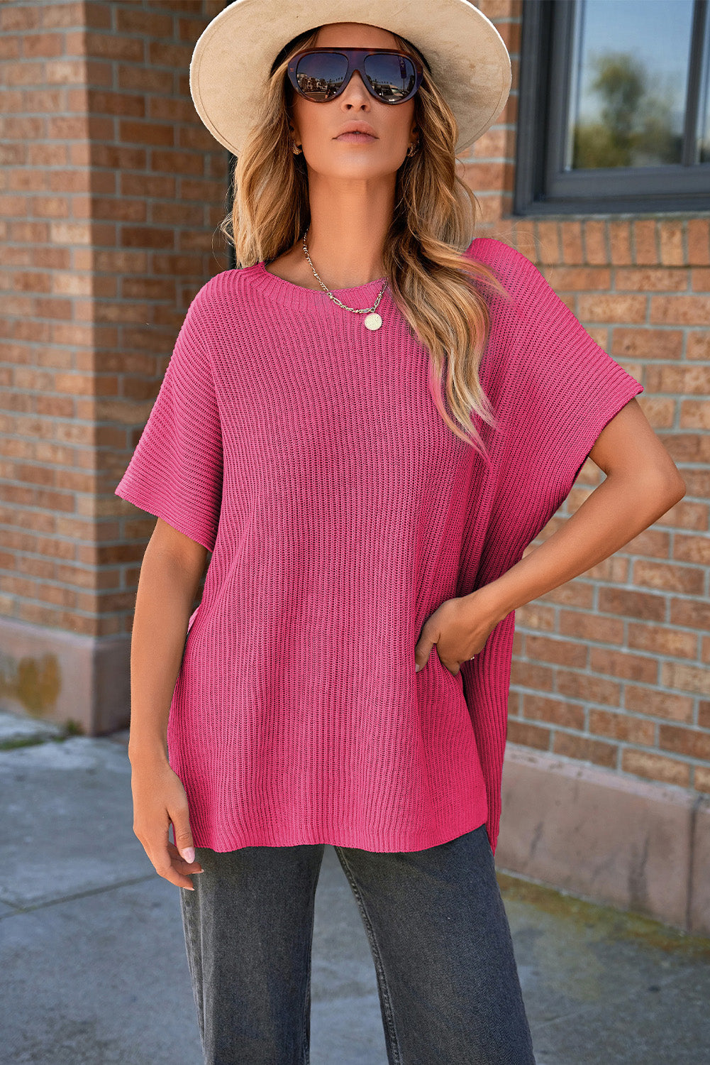 Apricot Short Sleeve Side Slit Oversized Sweater