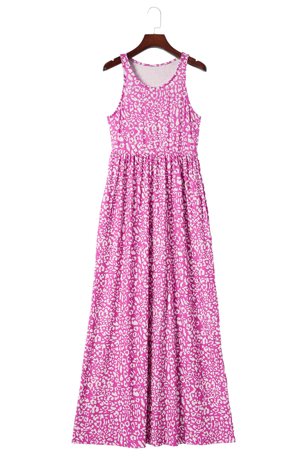 Pink Leopard Print Pocketed Sleeveless Maxi Dress