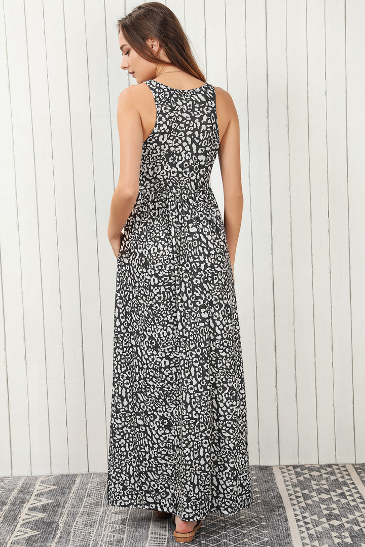 Pink Leopard Print Pocketed Sleeveless Maxi Dress