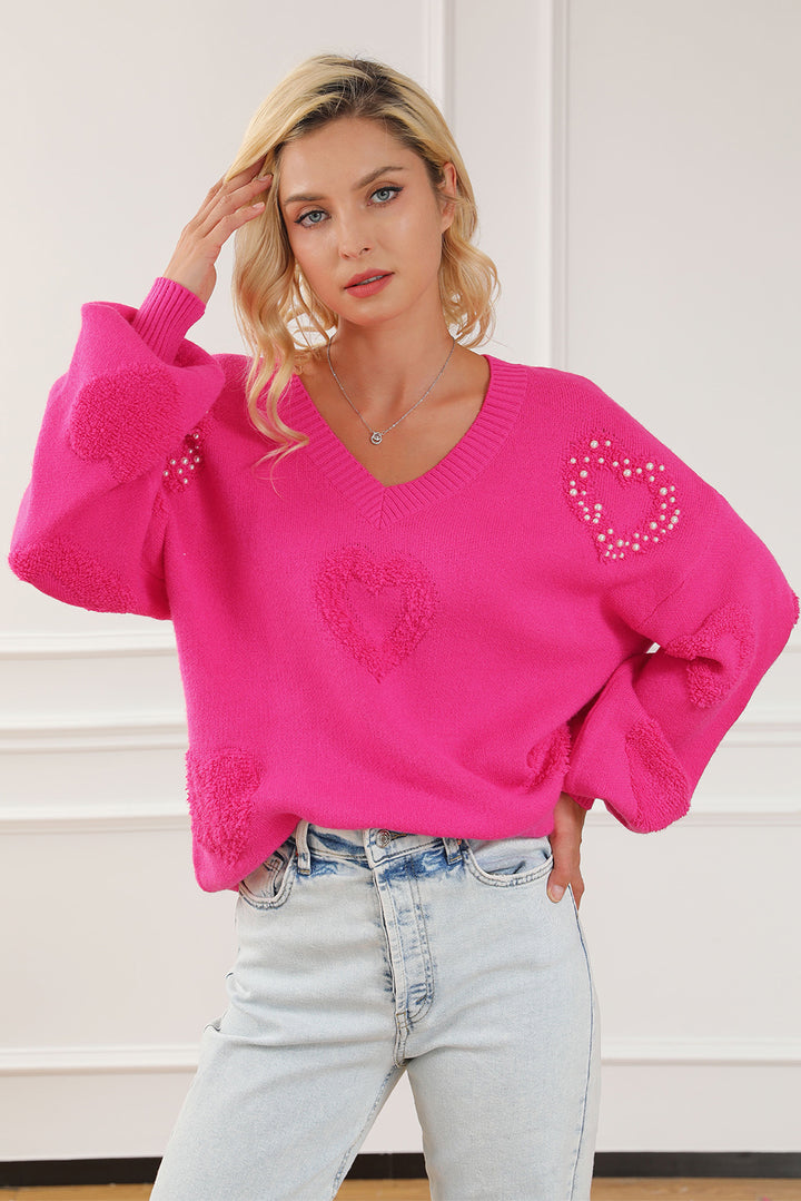 Rose Red Pearl Embellished Fuzzy Hearts V Neck Sweater