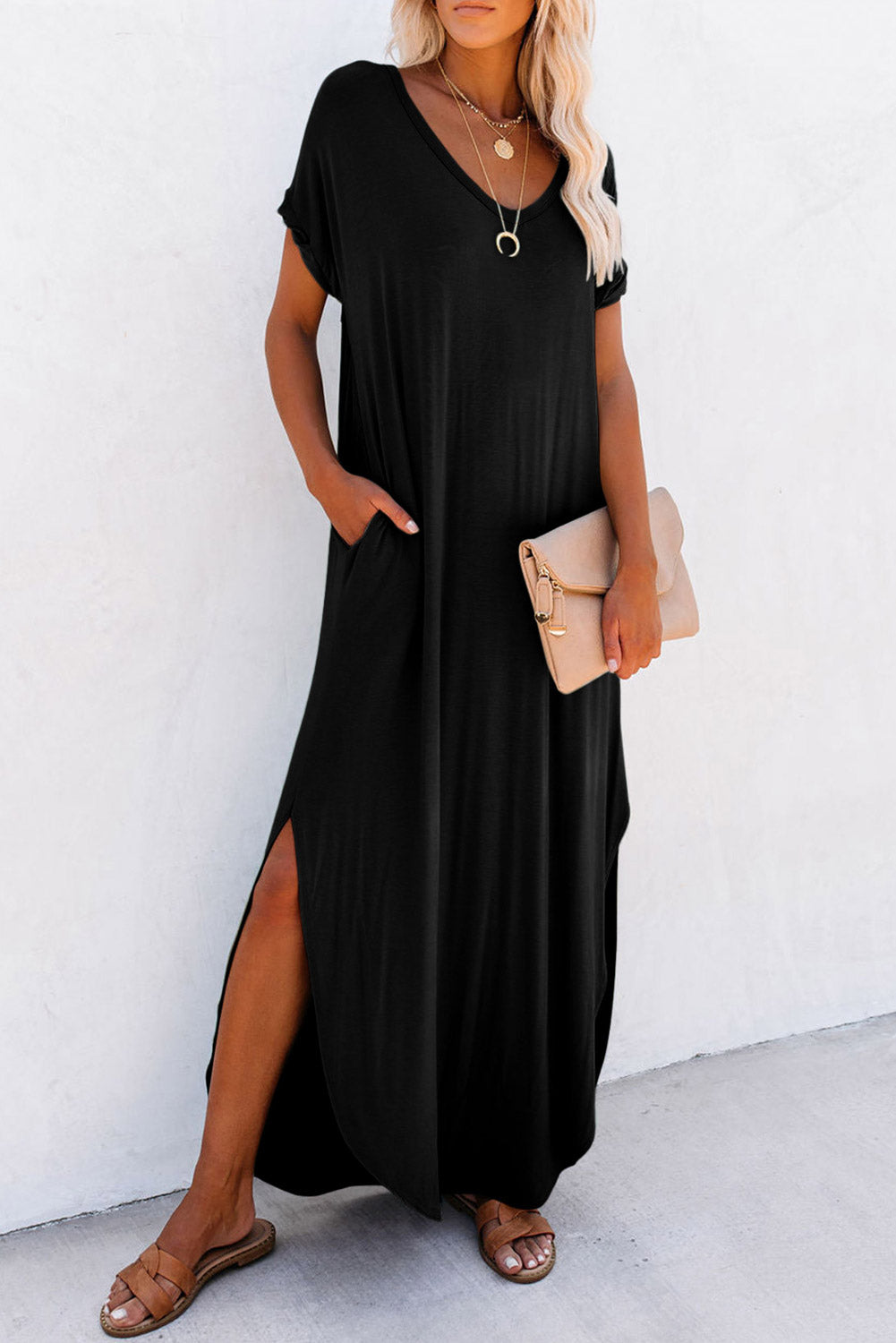 Pink V Neck Hidden Pocket Splits Maxi T shirt Dress Preppy Party Company
