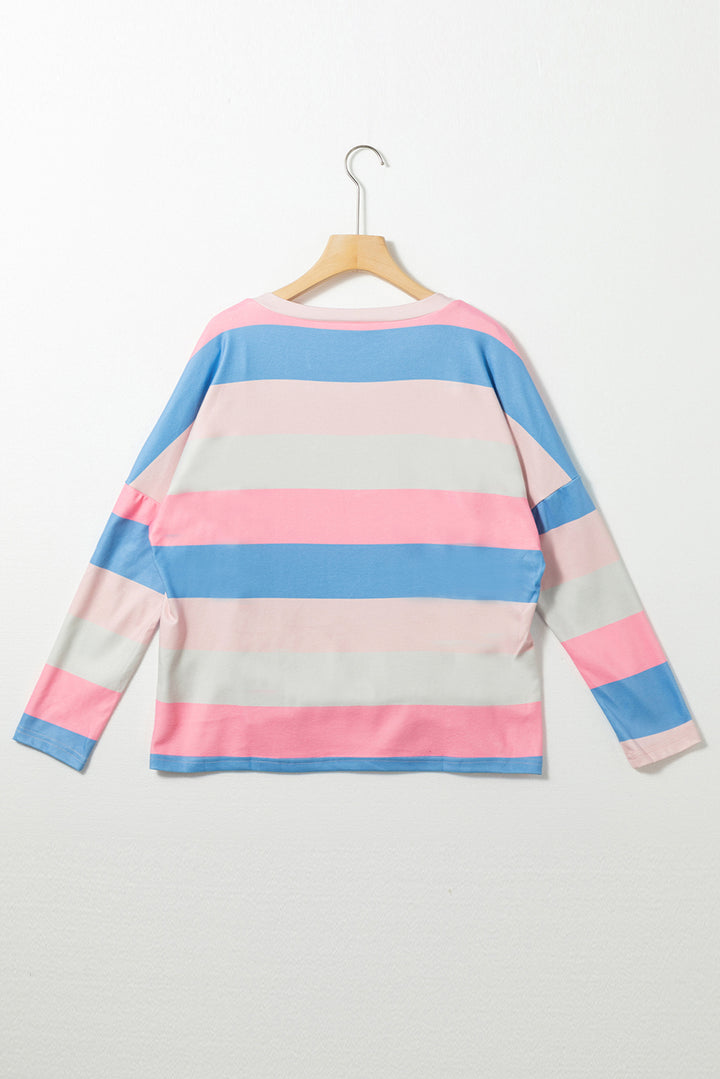 Pink Contrast Striped V Neck Long Sleeve Top