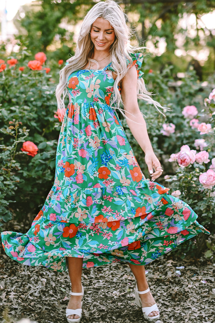 Pink Floral Print Sleeveless Ruffle Tiered Maxi Dress