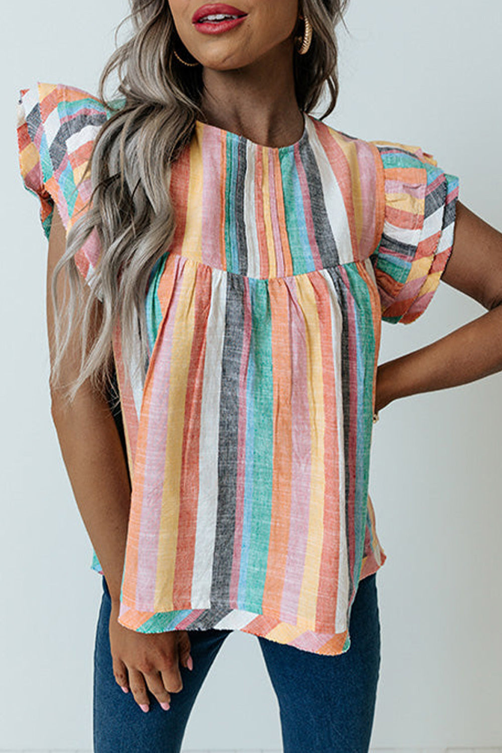 Rose Striped Tiered Ruffle Cap Sleeve Top