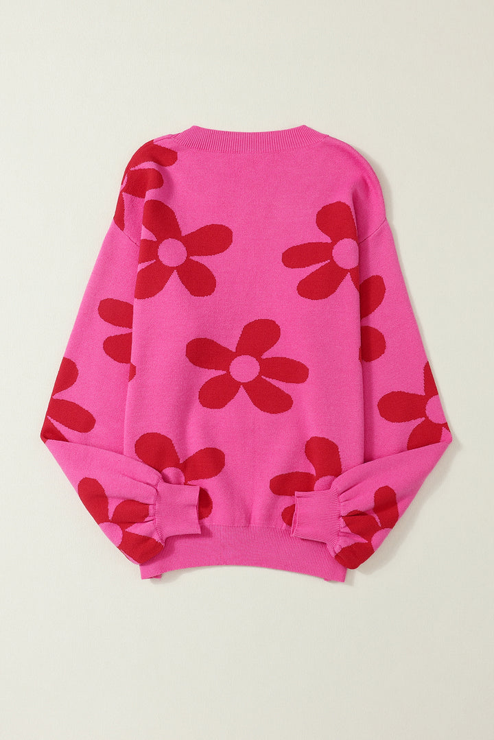 Rose Big Flower Knit Ribbed Trim Sweater