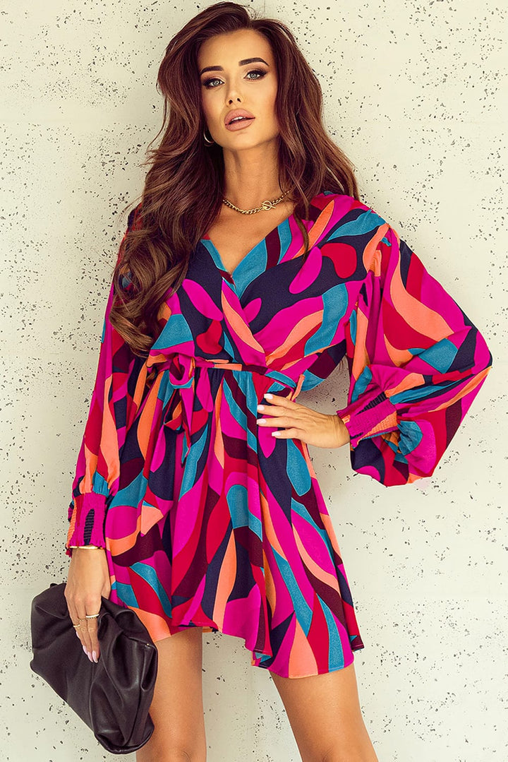 Multicolor Abstract Printed Belted Puff Sleeve Mini Dress