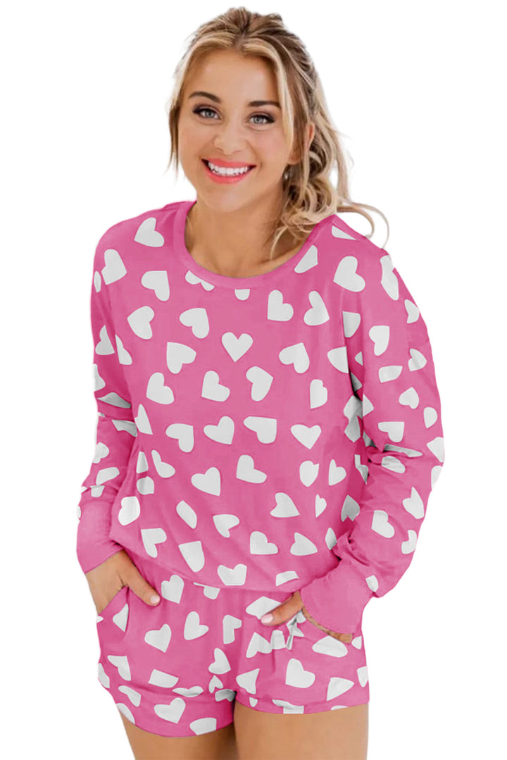 Pink Valentine Heart Shape Print Long Sleeve Top Shorts Lounge Set