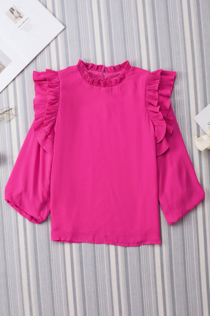 Rose Button Keyhole Back Pleated Ruffle Trim Blouse