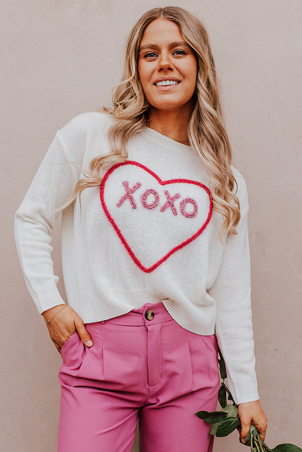 Rose Heart XOXO Pattern Drop Shoulder Rib Knit Sweater