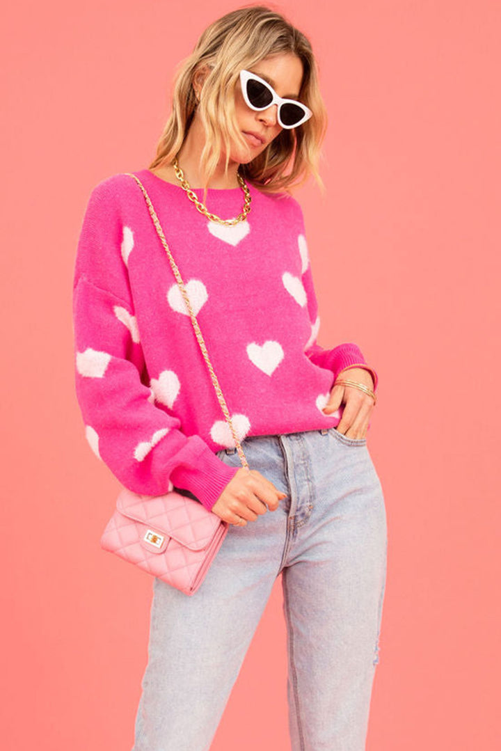 Bright Pink Fuzzy Valentine Hearts Drop Shoulder Sweater