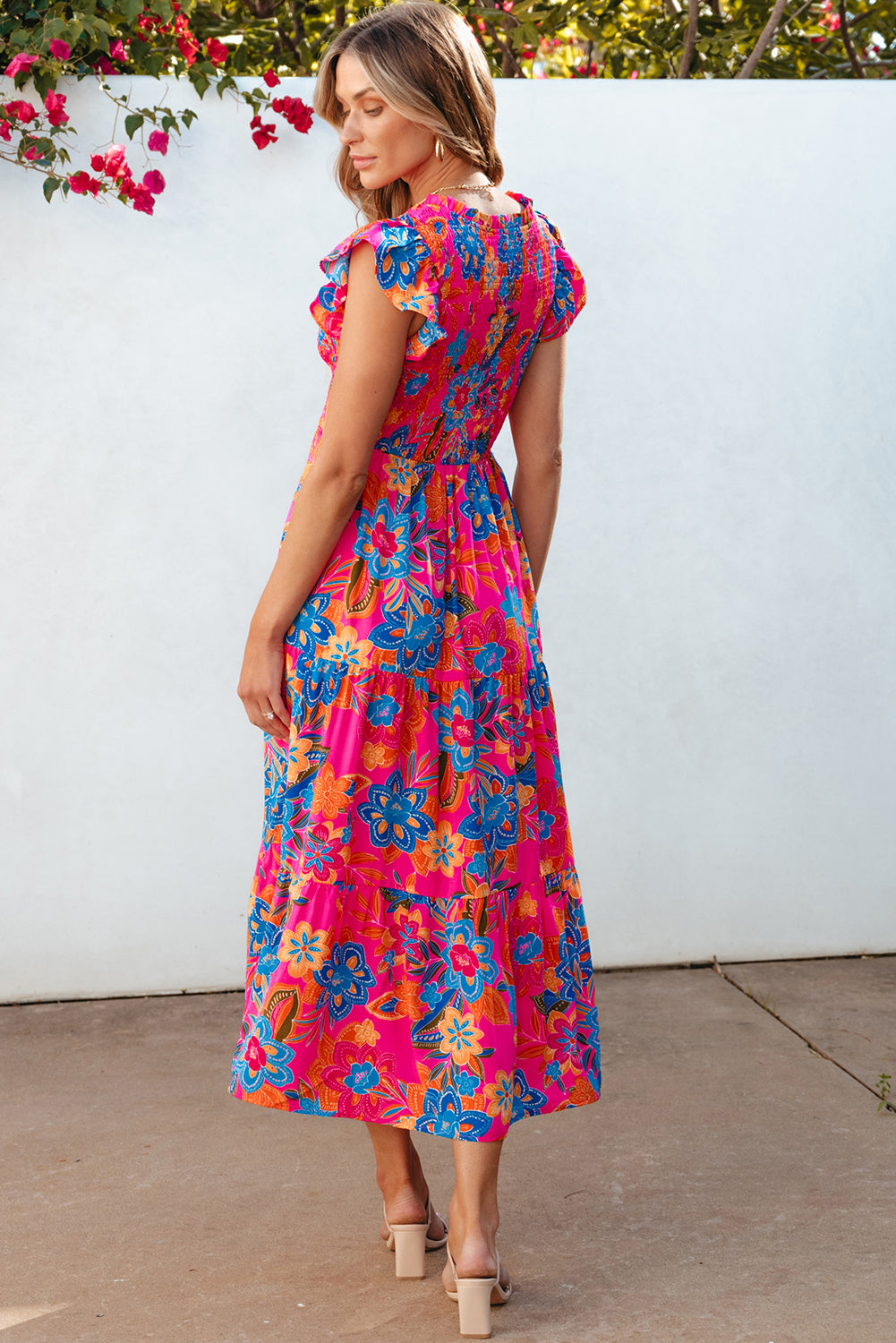 Dark Blue Boho Floral V Neck Ruffle Tiered Long Dress