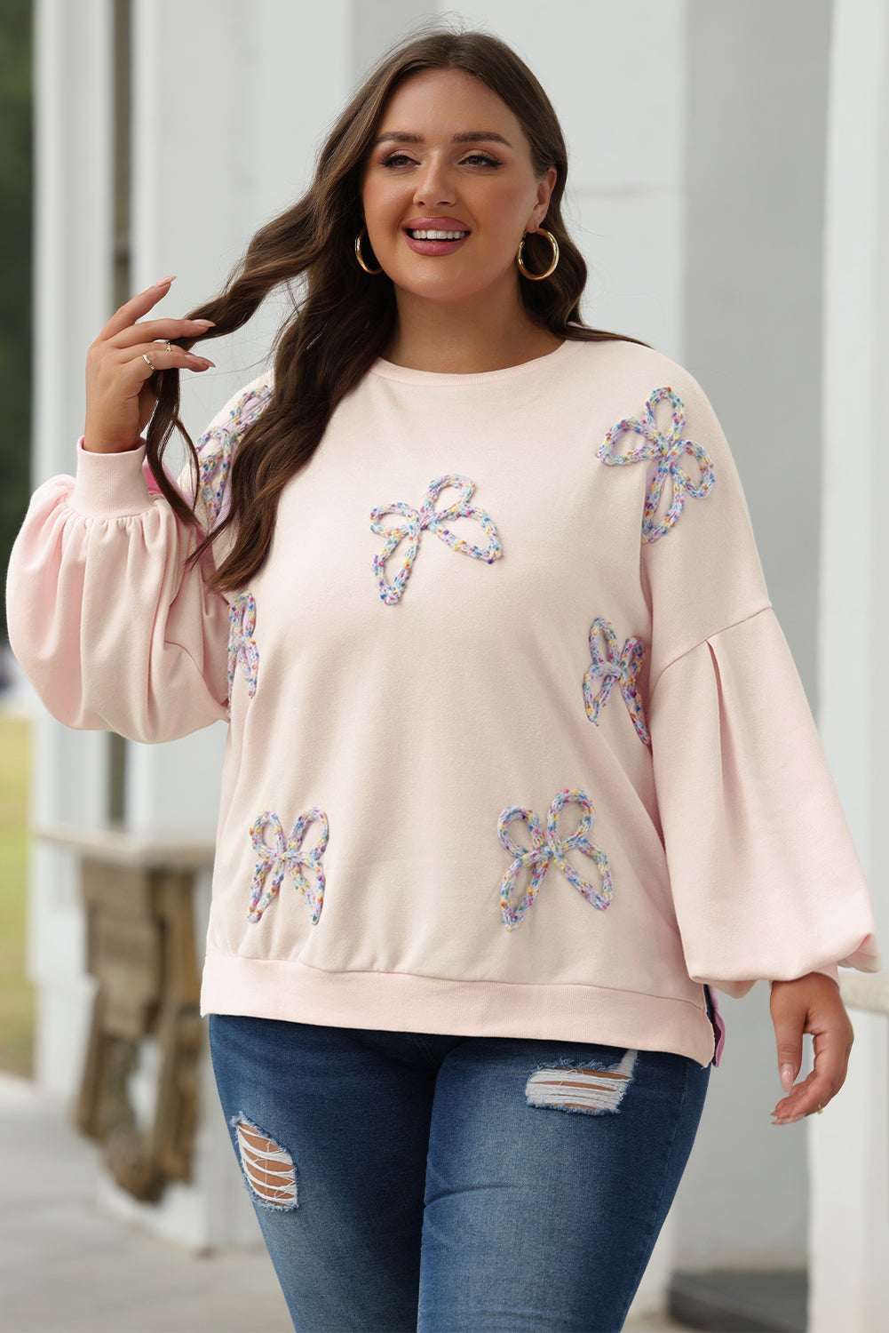 Light Pink Embroidered Bow Lantern Sleeve Oversized Pullover Sweatshirt