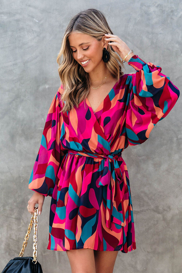 Multicolor Abstract Printed Belted Puff Sleeve Mini Dress