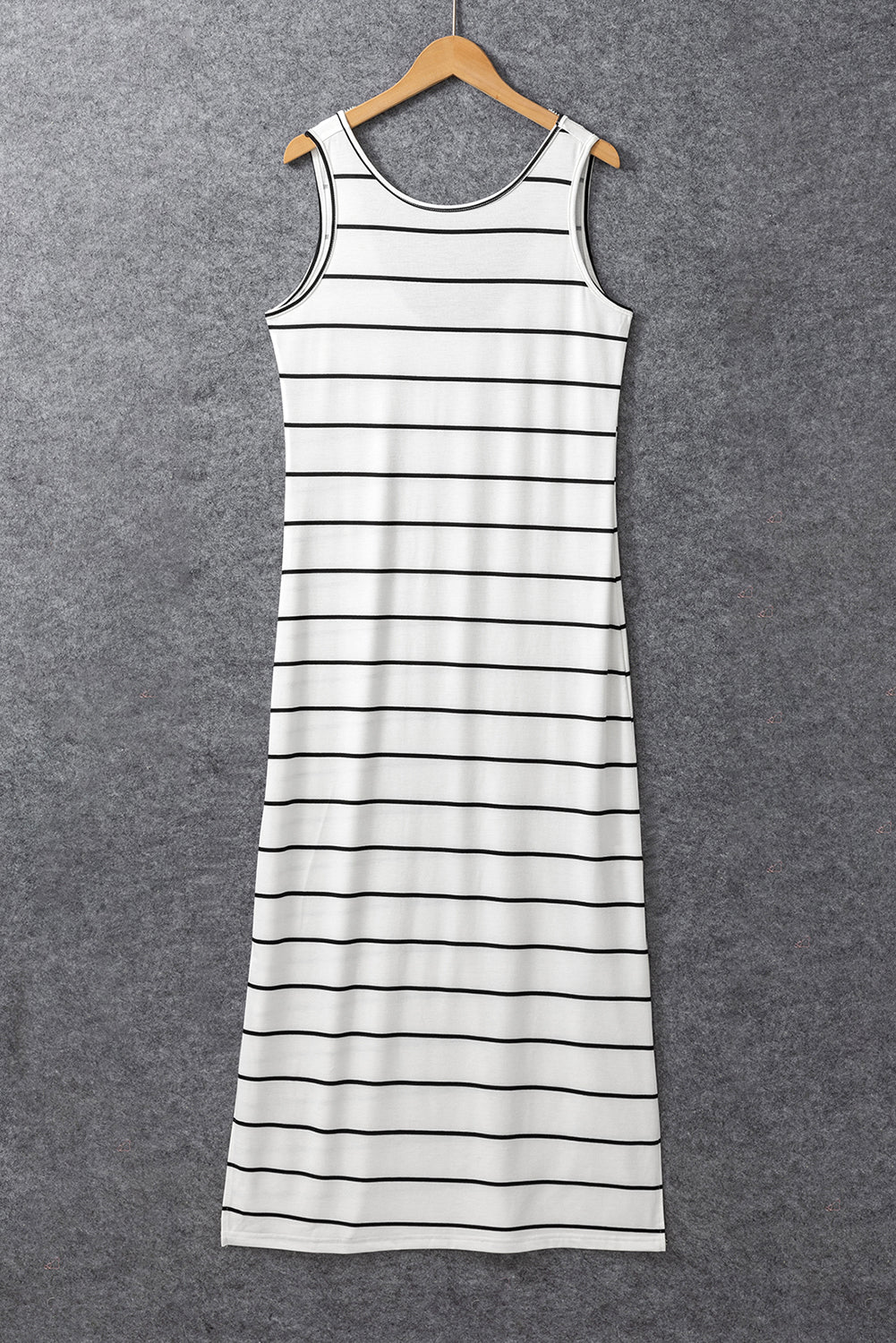 Khaki Stripe Print Open Back Sleeveless Maxi Dress with Slits