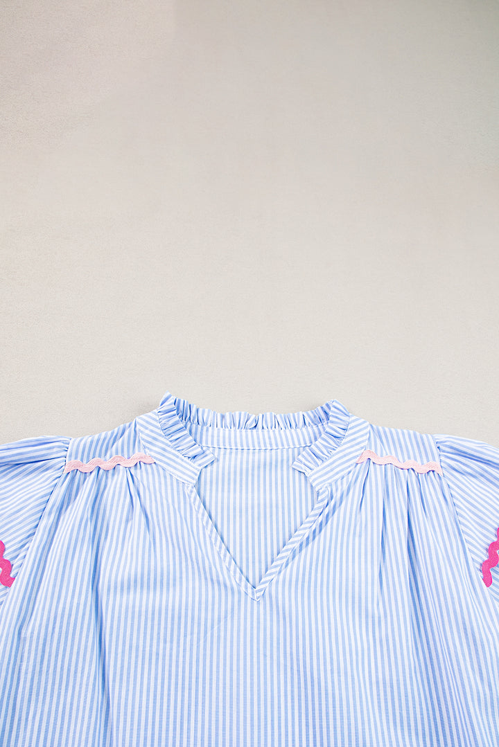 Pink Stripe Ricrac Trim Split Neck Striped Ruffled Sleeve Blouse