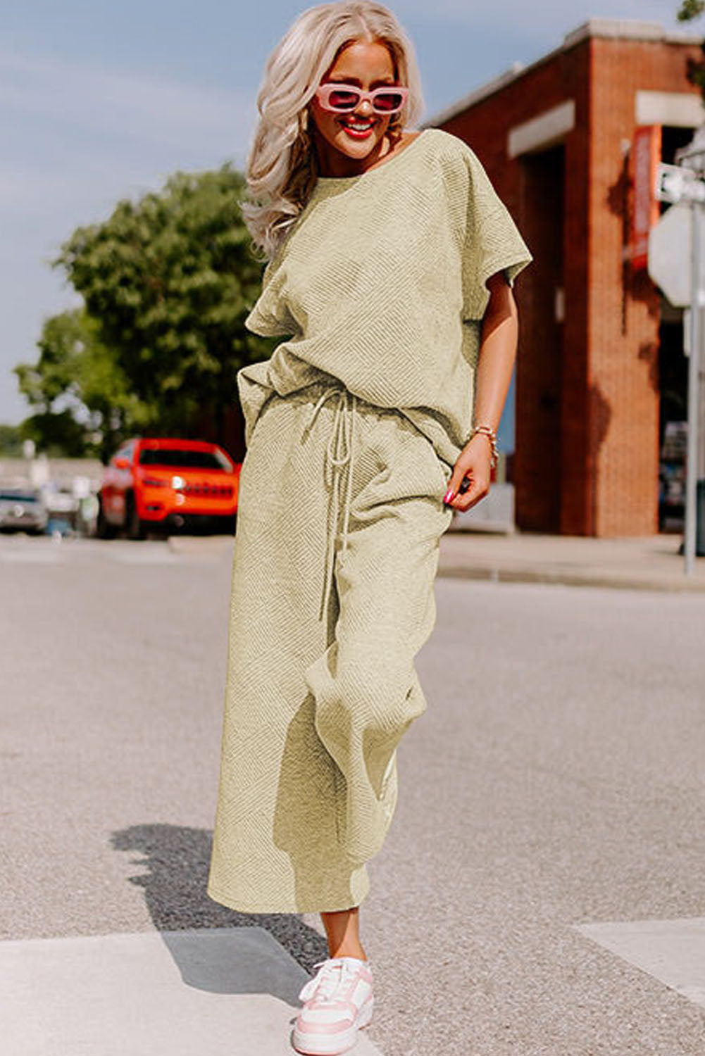 Dark Green Textured Loose Fit T Shirt and Drawstring Pants Set