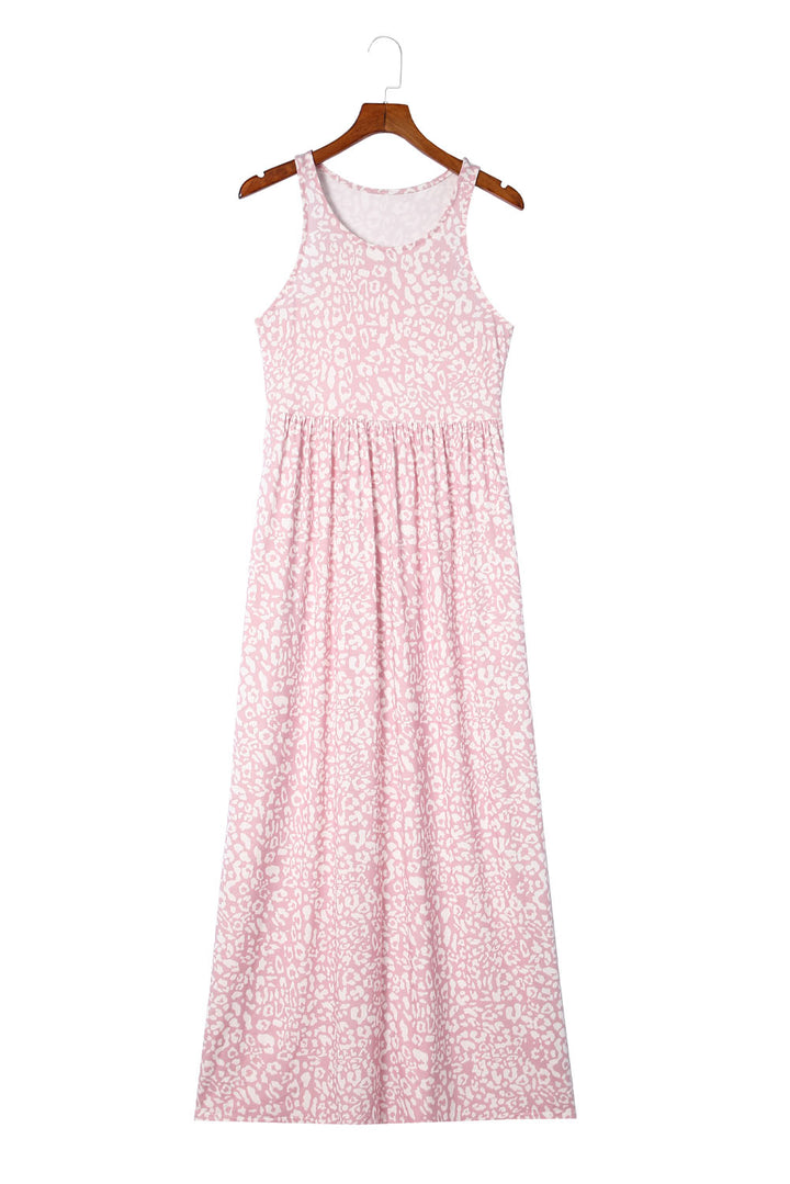 Pink Leopard Print Pocketed Sleeveless Maxi Dress