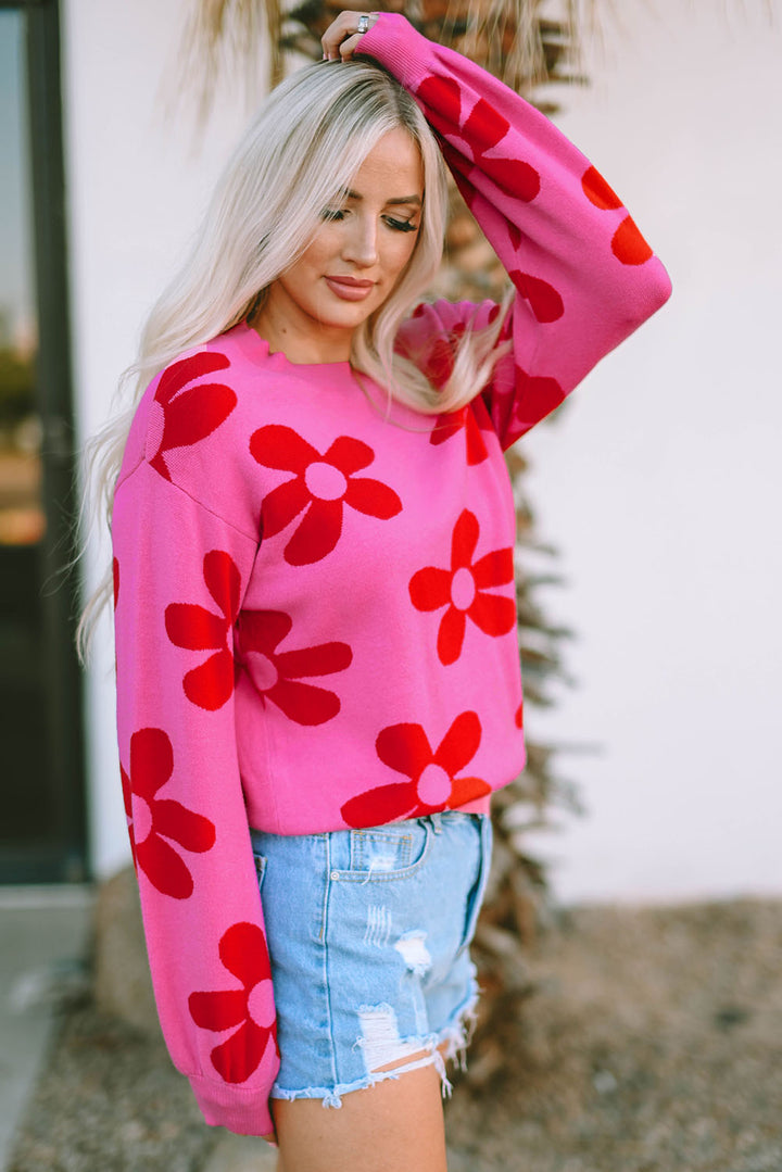 Rose Big Flower Knit Ribbed Trim Sweater