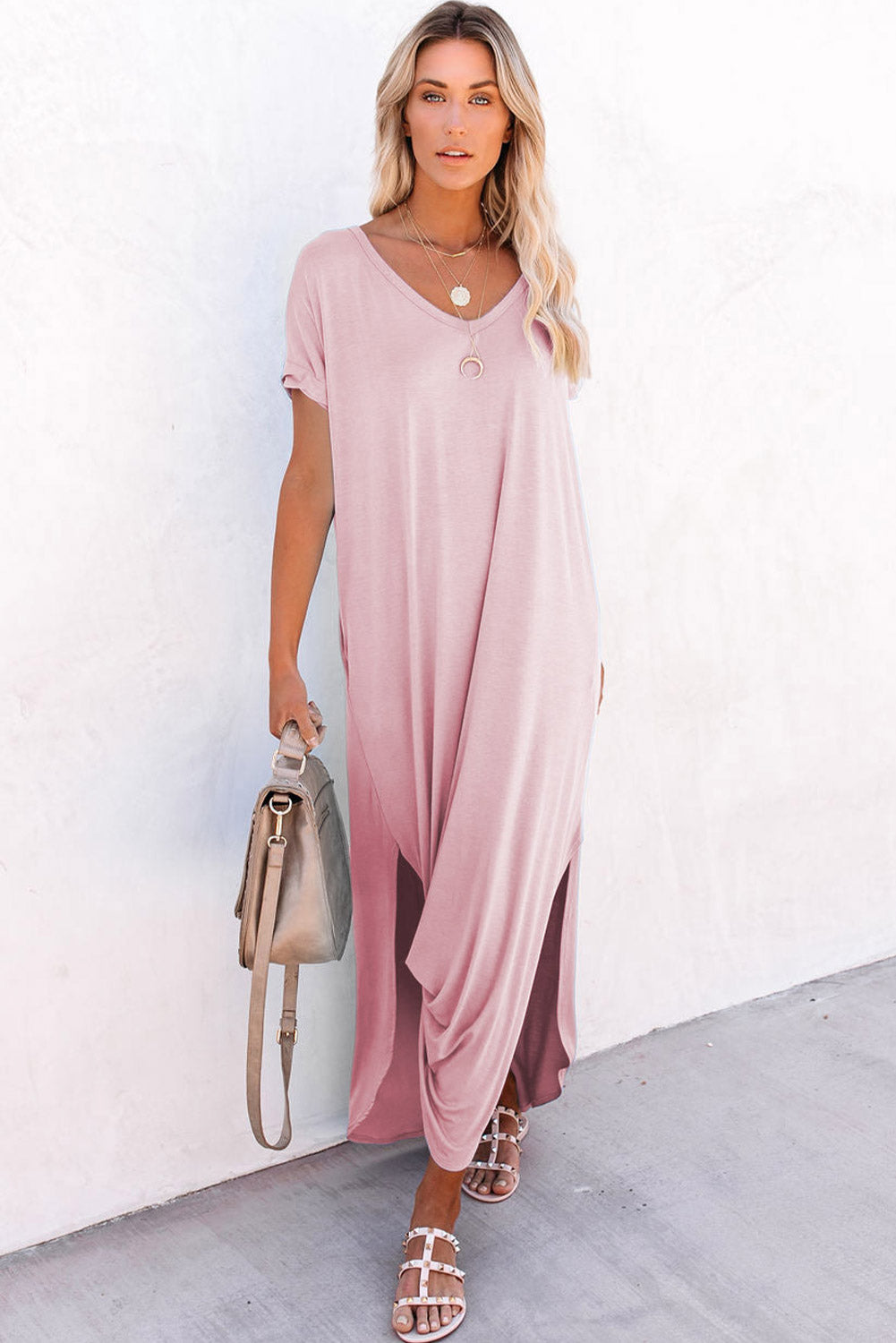 Grass Green V Neck Hidden Pocket Splits Maxi T-shirt Dress