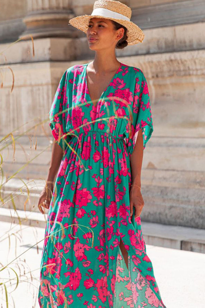 Sea Green Printed V Neck Short Sleeve Split Flared Maxi Dress