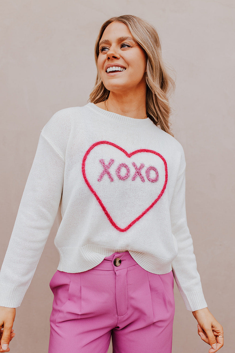 Rose Heart XOXO Pattern Drop Shoulder Rib Knit Sweater