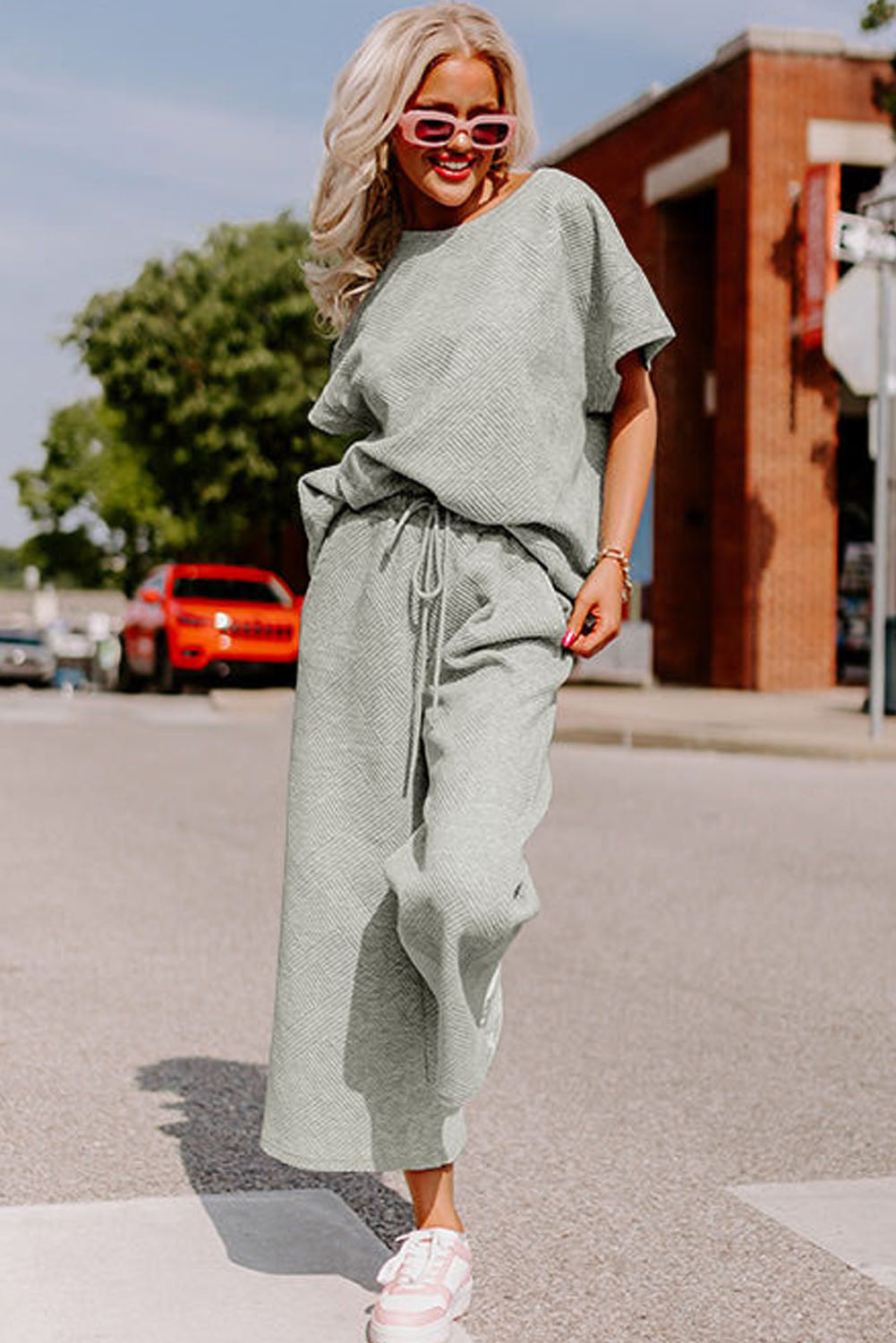 Dark Green Textured Loose Fit T Shirt and Drawstring Pants Set