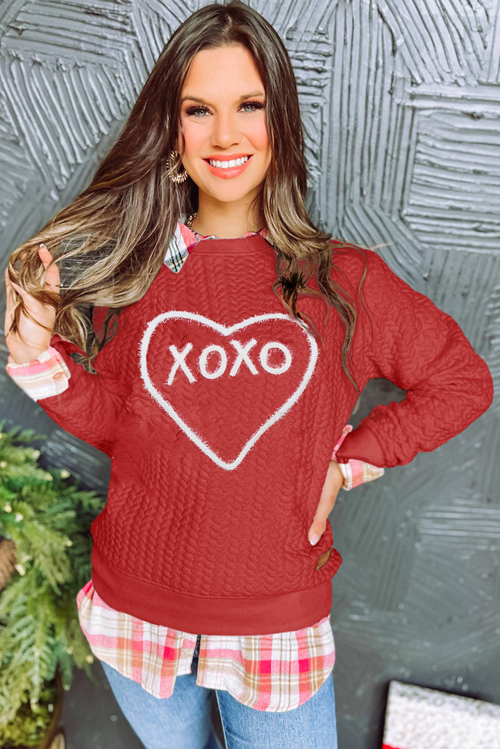 Racing Red Heart XOXO Chenille Embroidered Textured Sweatshirt