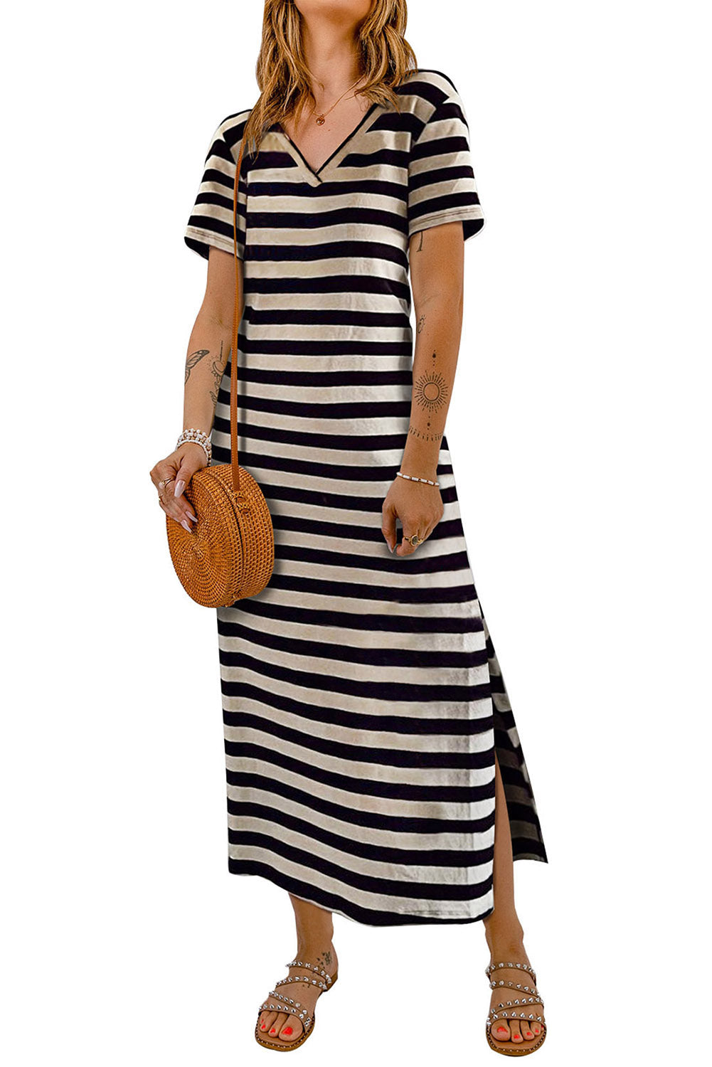 Blue Stripe Print V Neck Maxi Dress with Side Splits