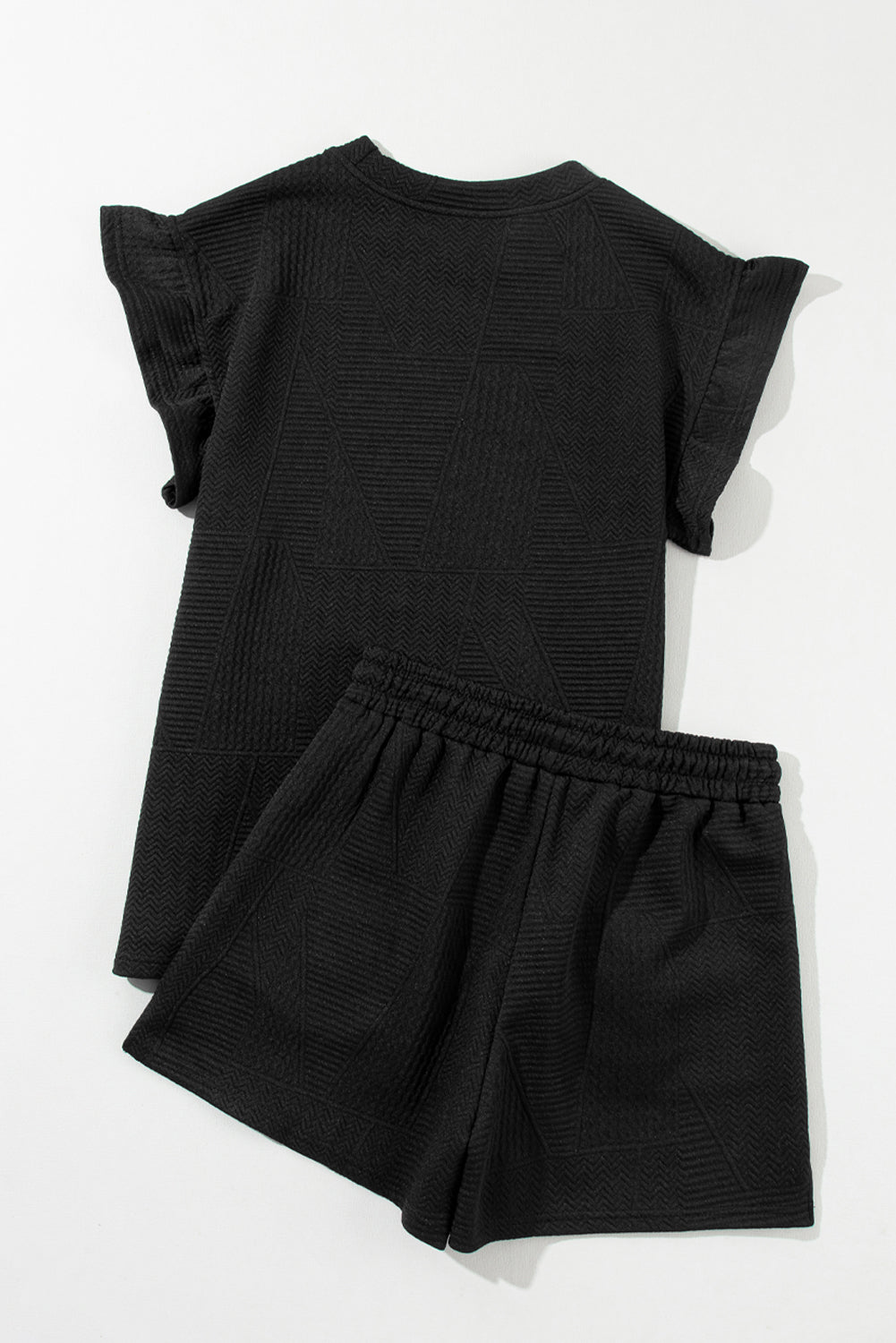 Dark Green Textured Ruffle Split Top and Drawstring Shorts