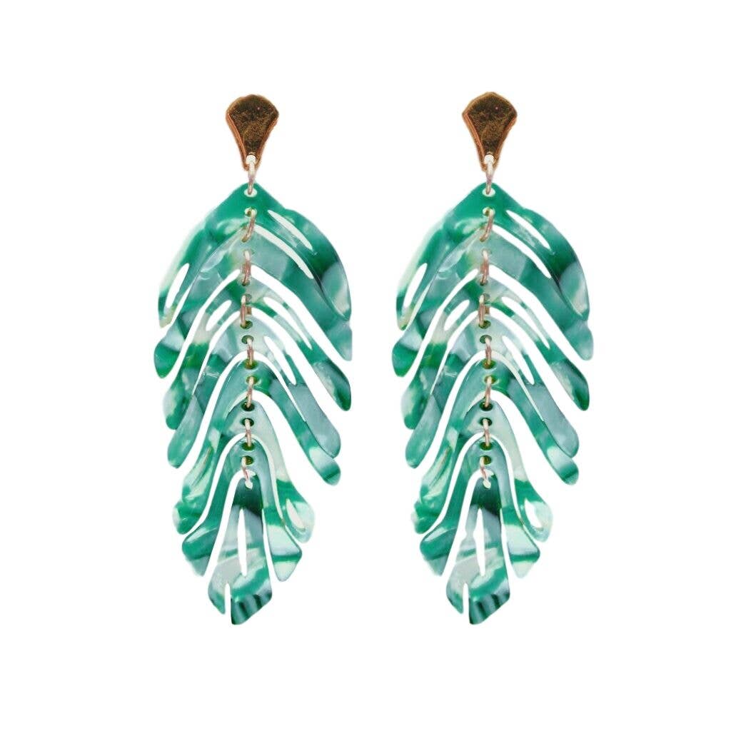 Green Monstera Palm Drop Earrings