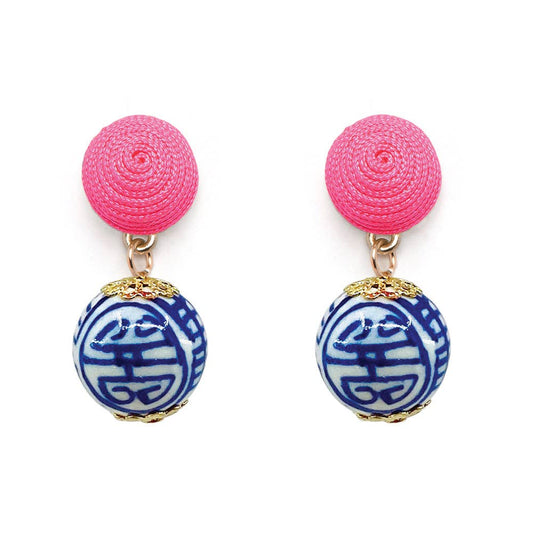 China Blue Thread Earrings: Neon Pink